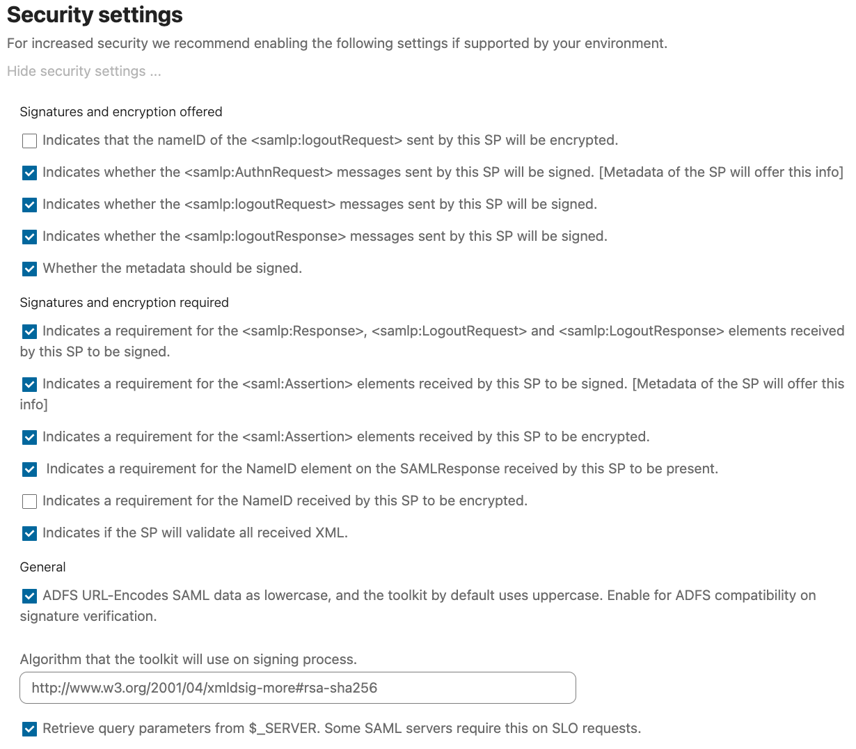 supported options by webadm