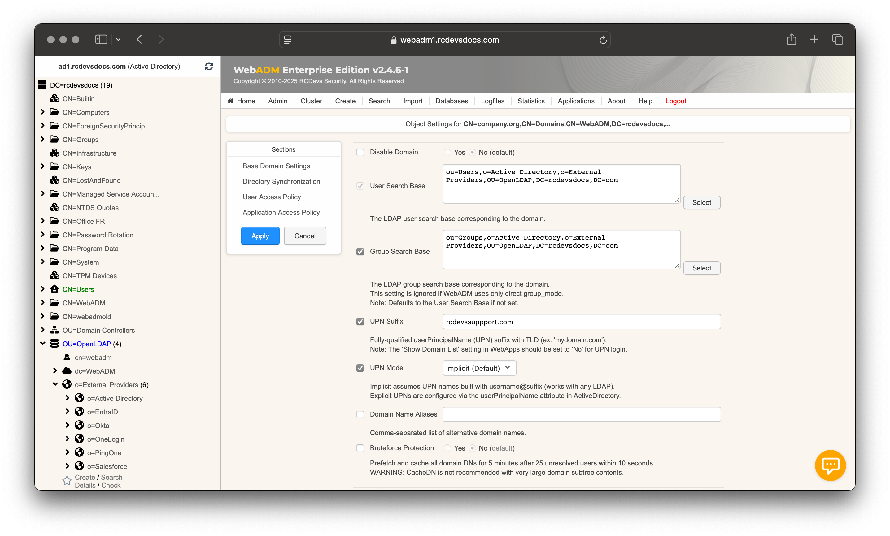 Domain configuration options