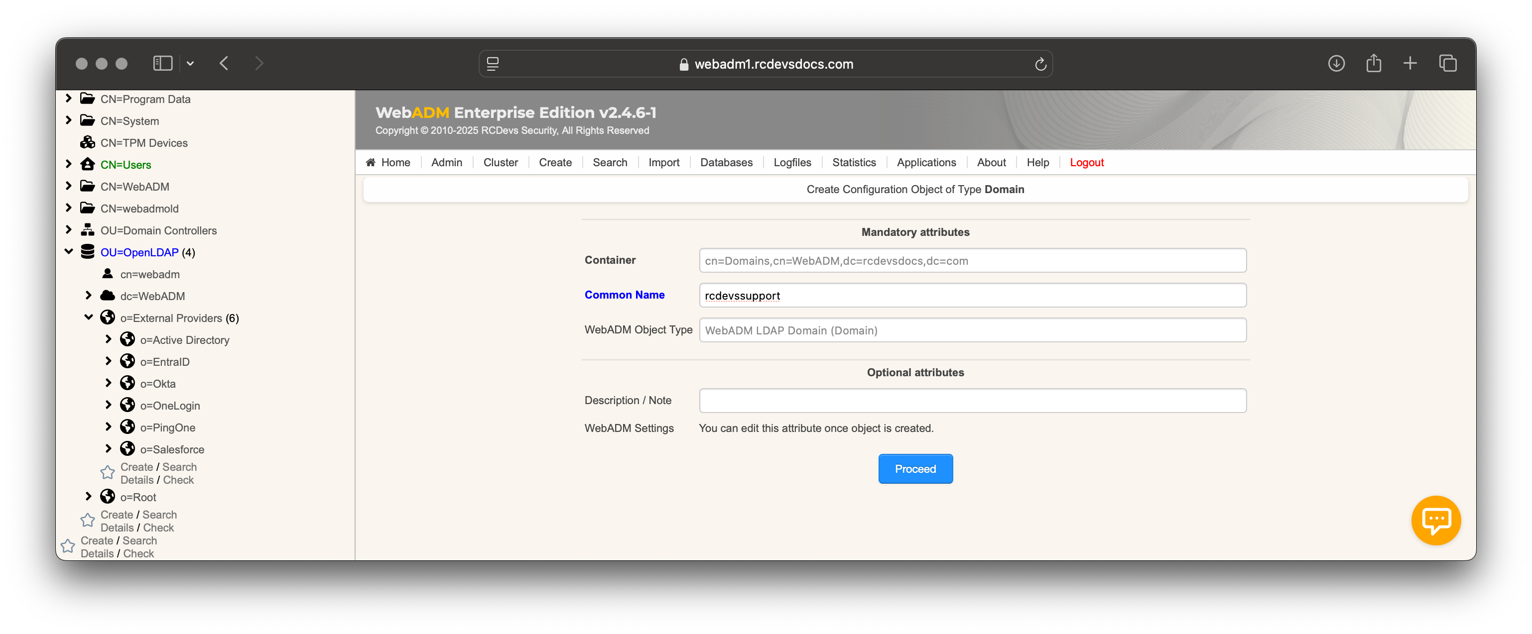 WebADM Domain object creation