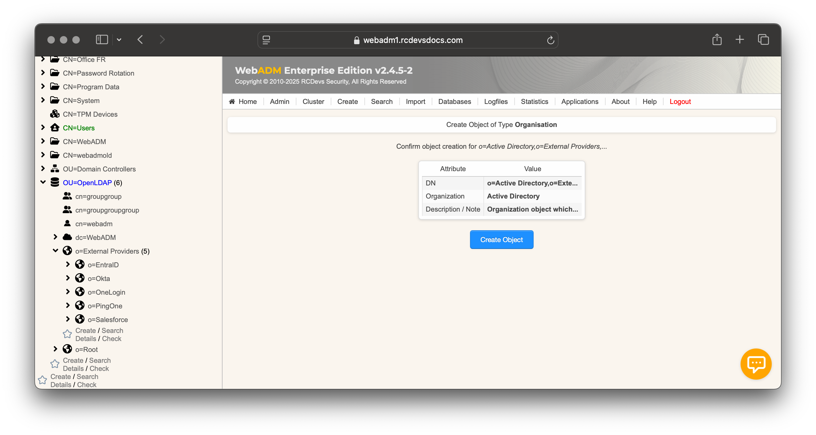 Organization object creation