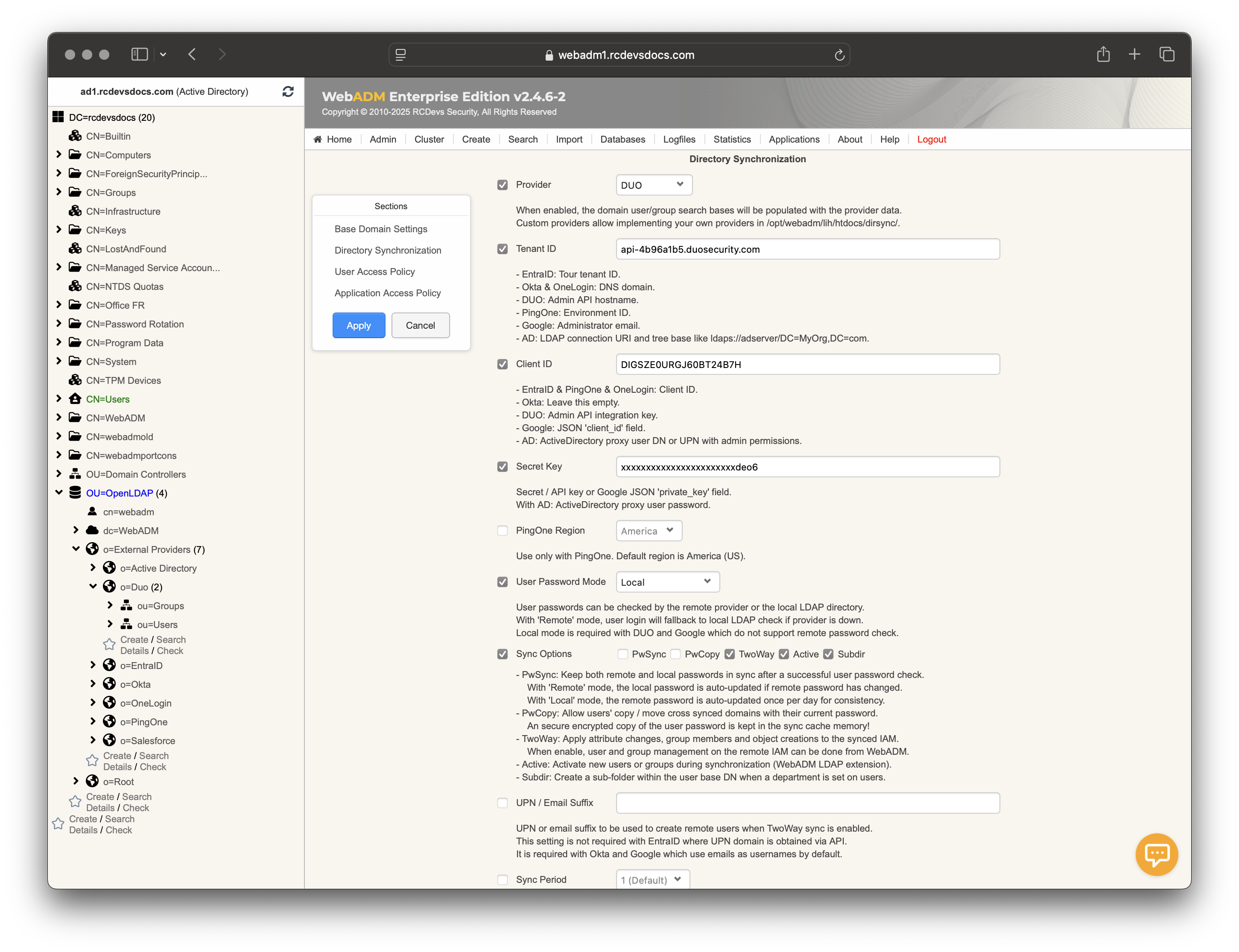 Directory Sync configuration for DUO