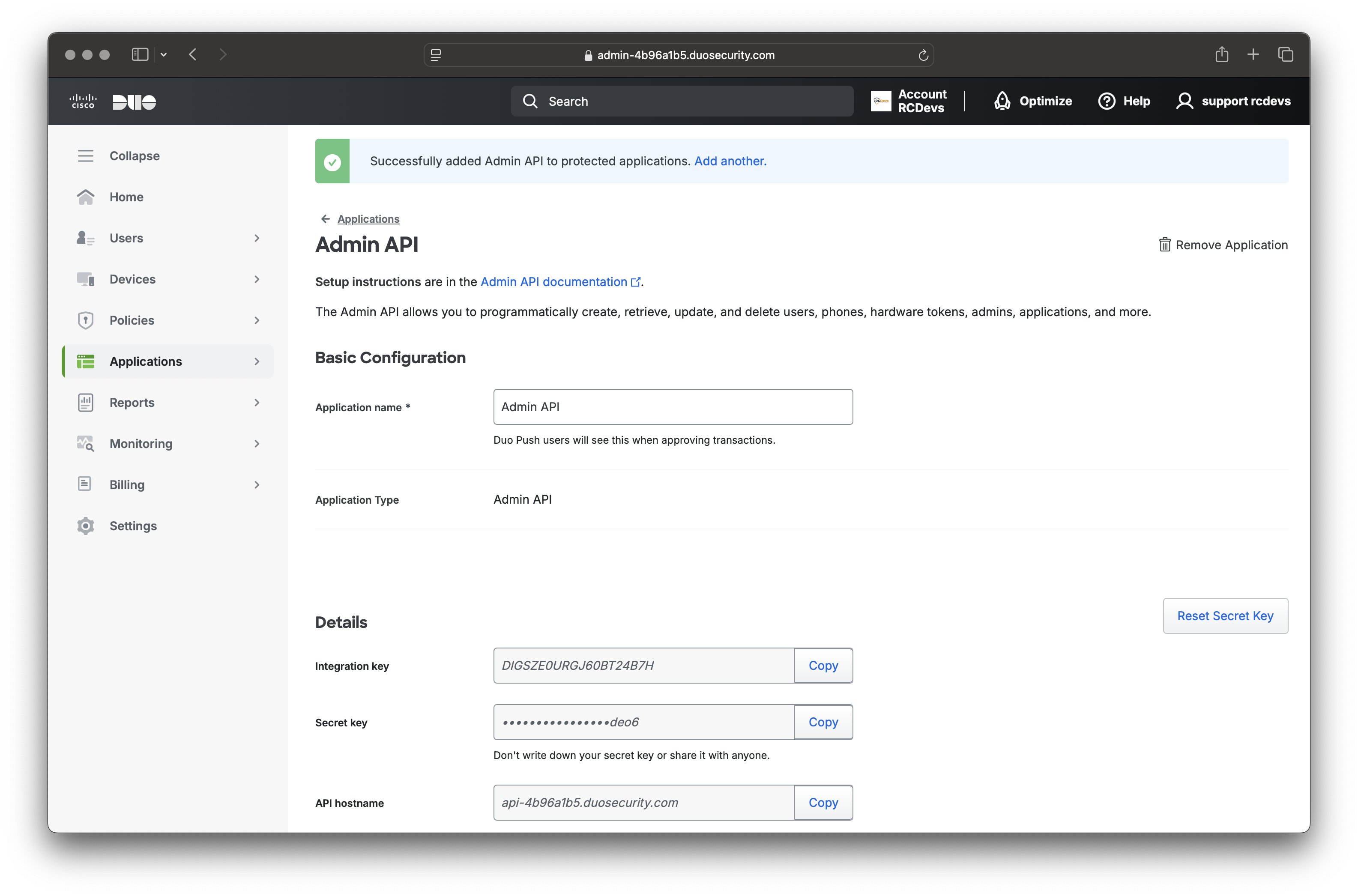 Admin API Application configuration