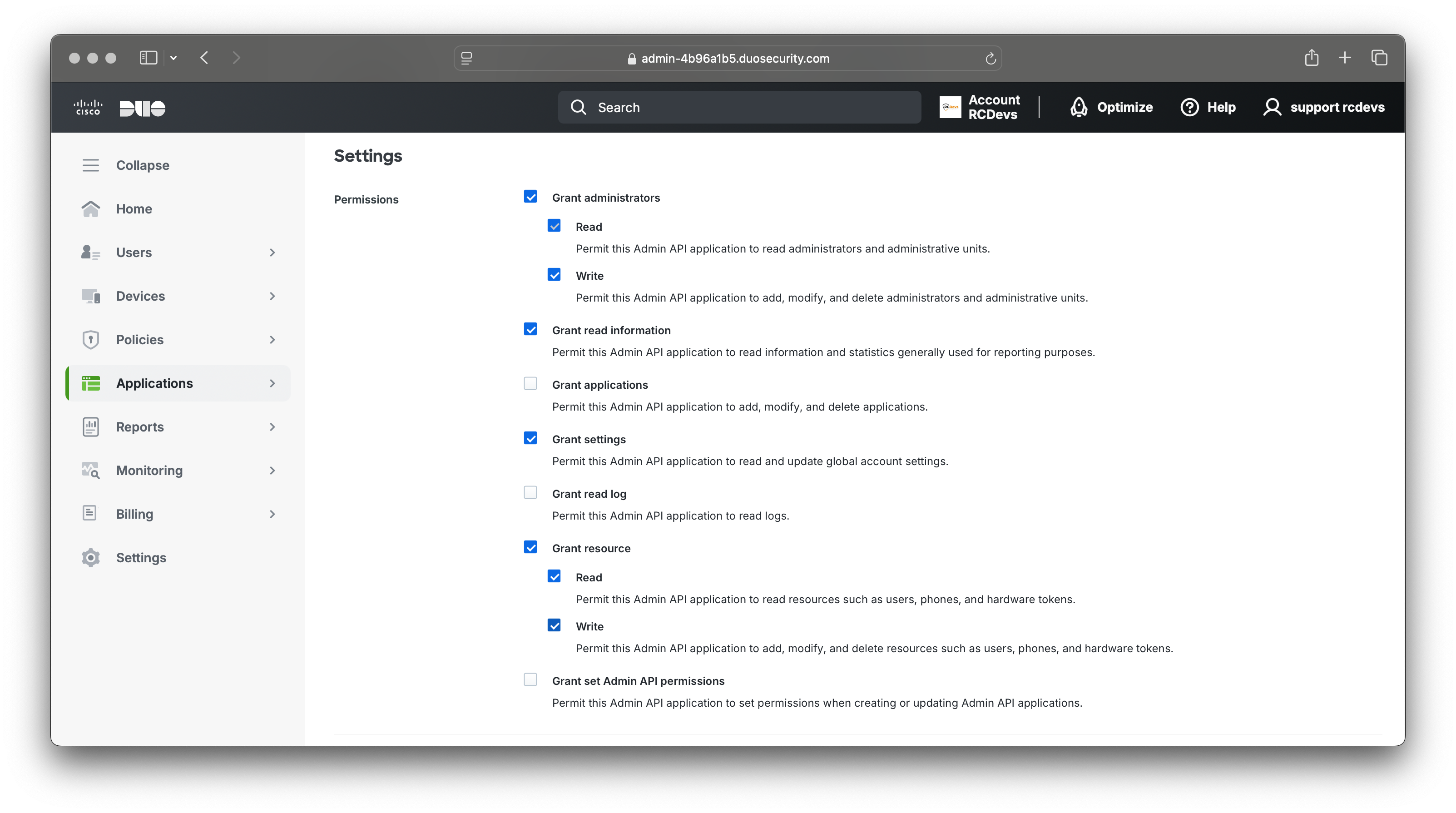 Admin API permissions configuration