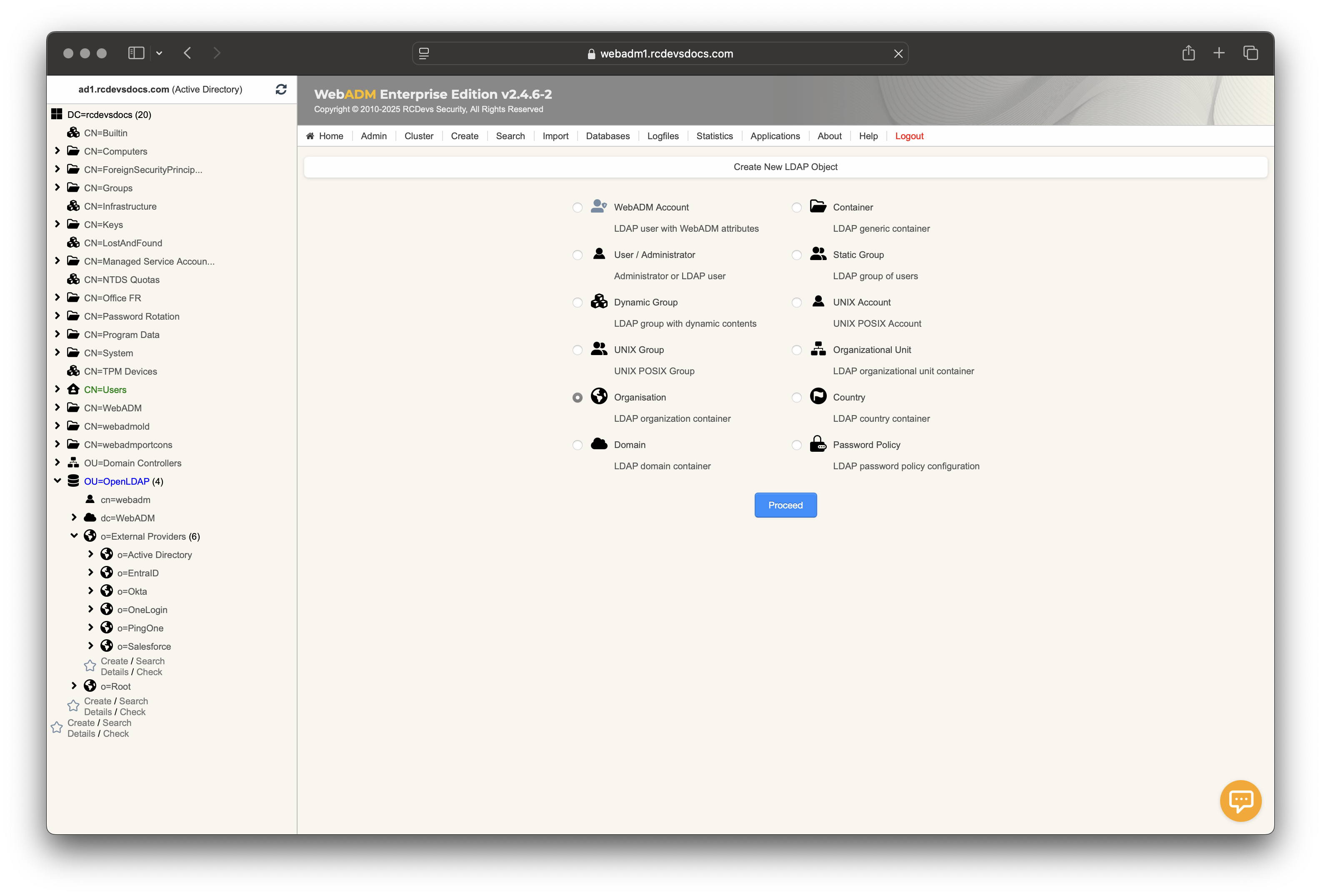 Organization object creation