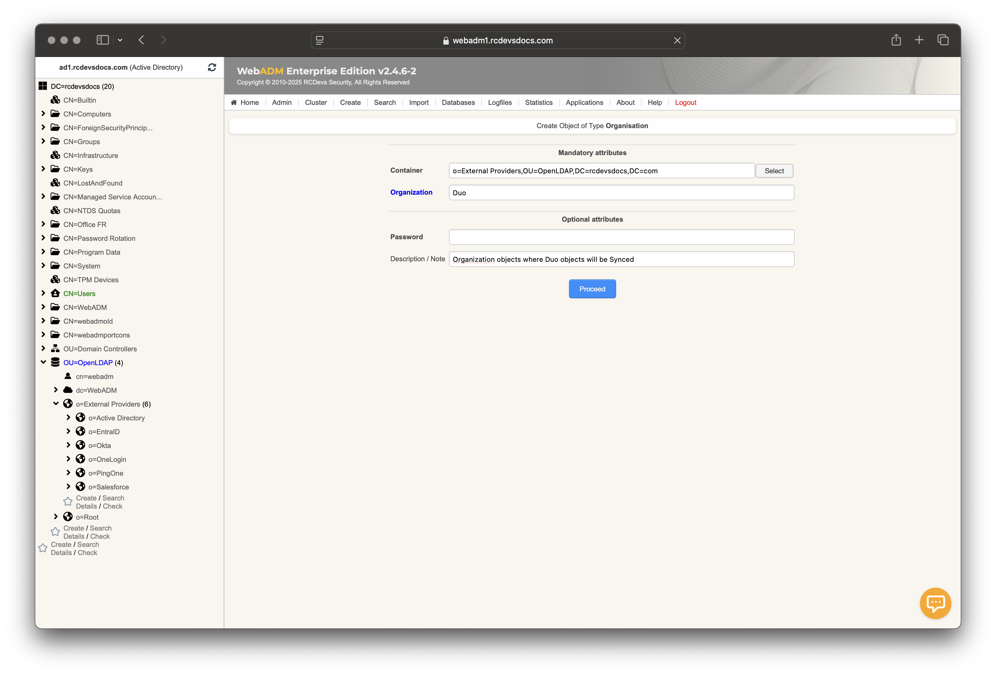 Organization object creation