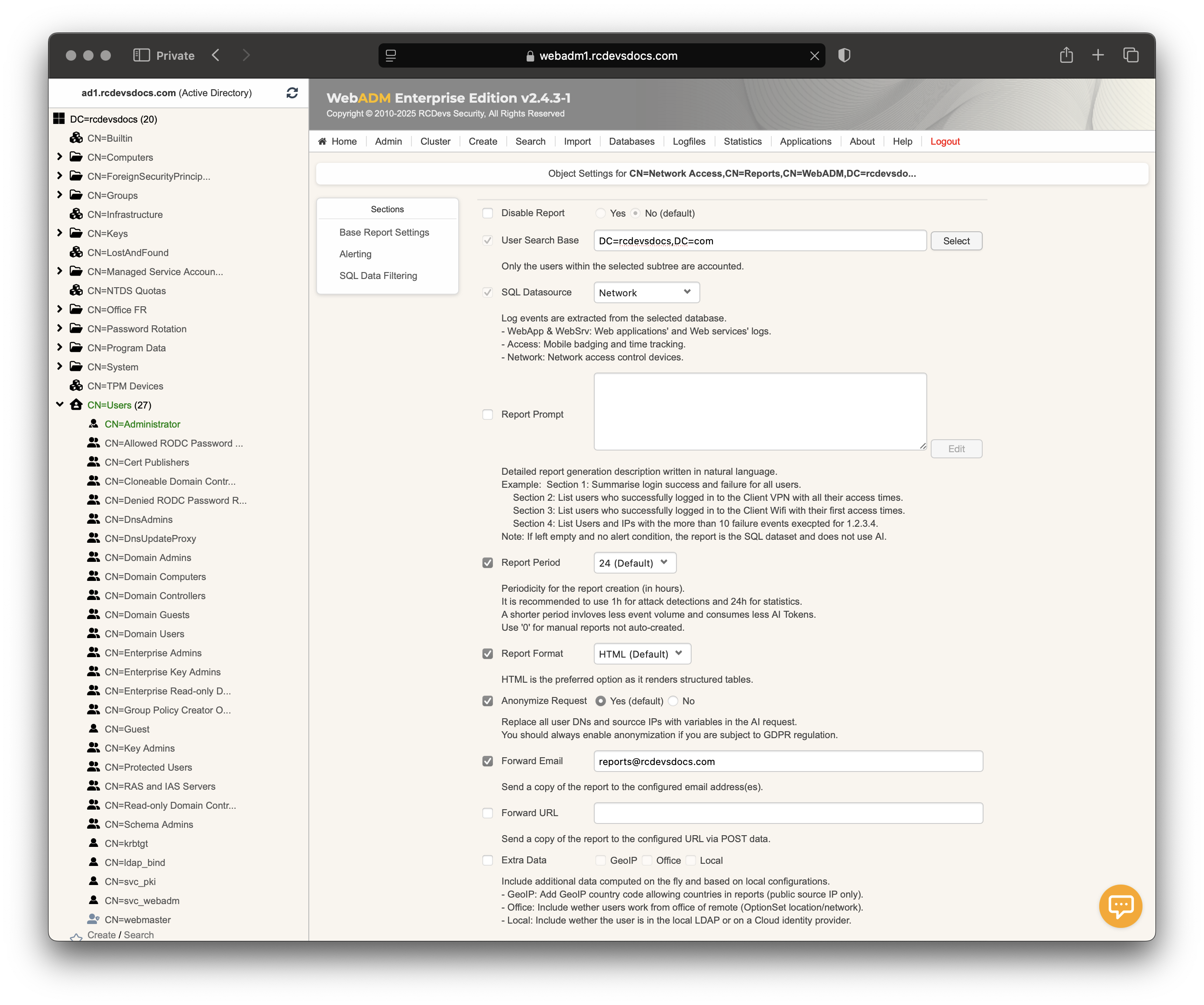 Network Activity Reports Configuration