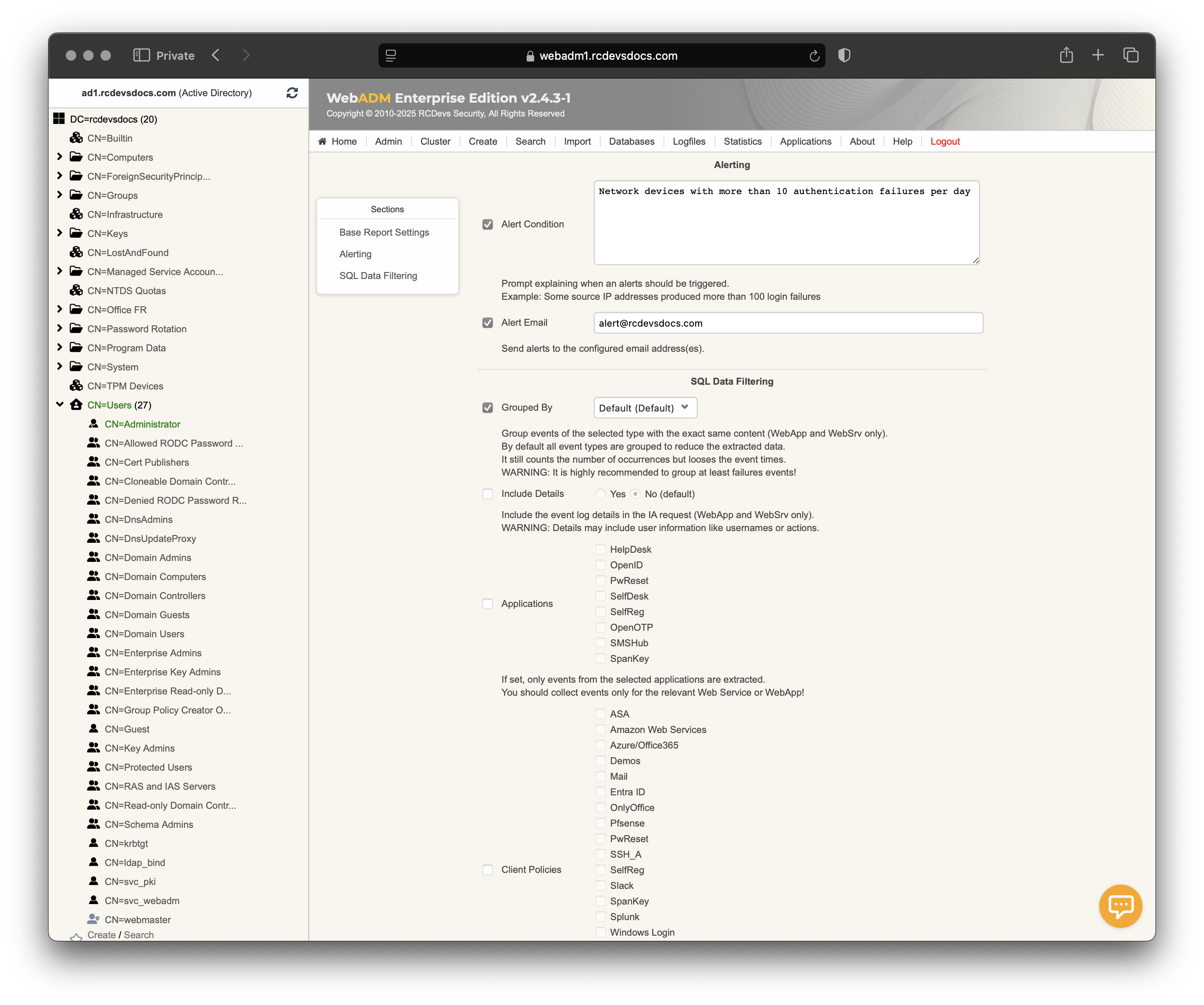 Network Activity Reports Configuration