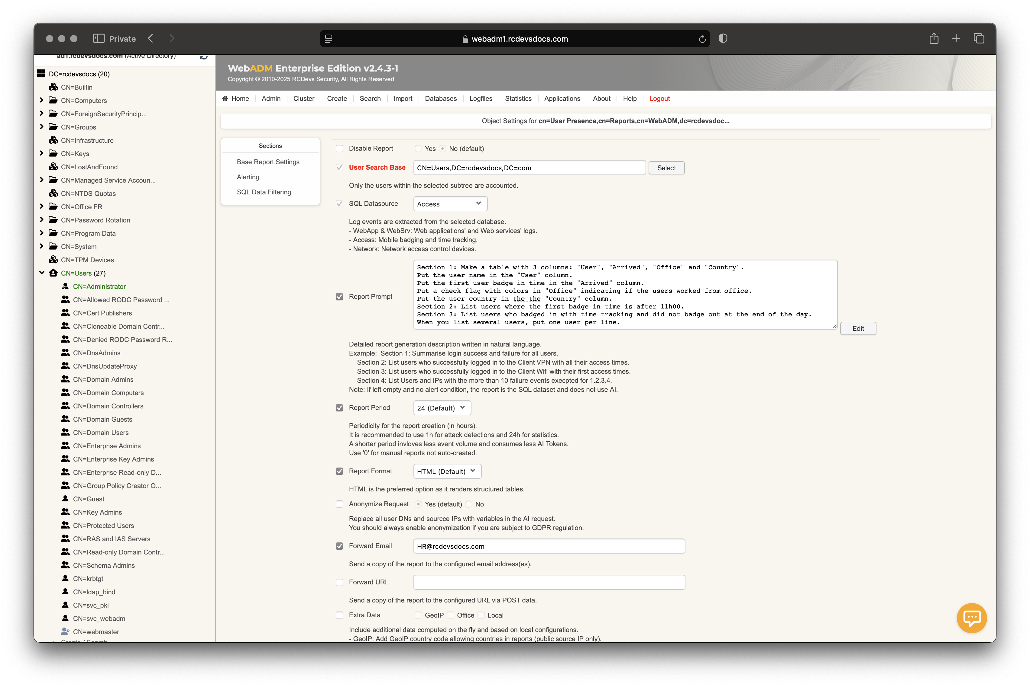 User Presence Reports Configuration