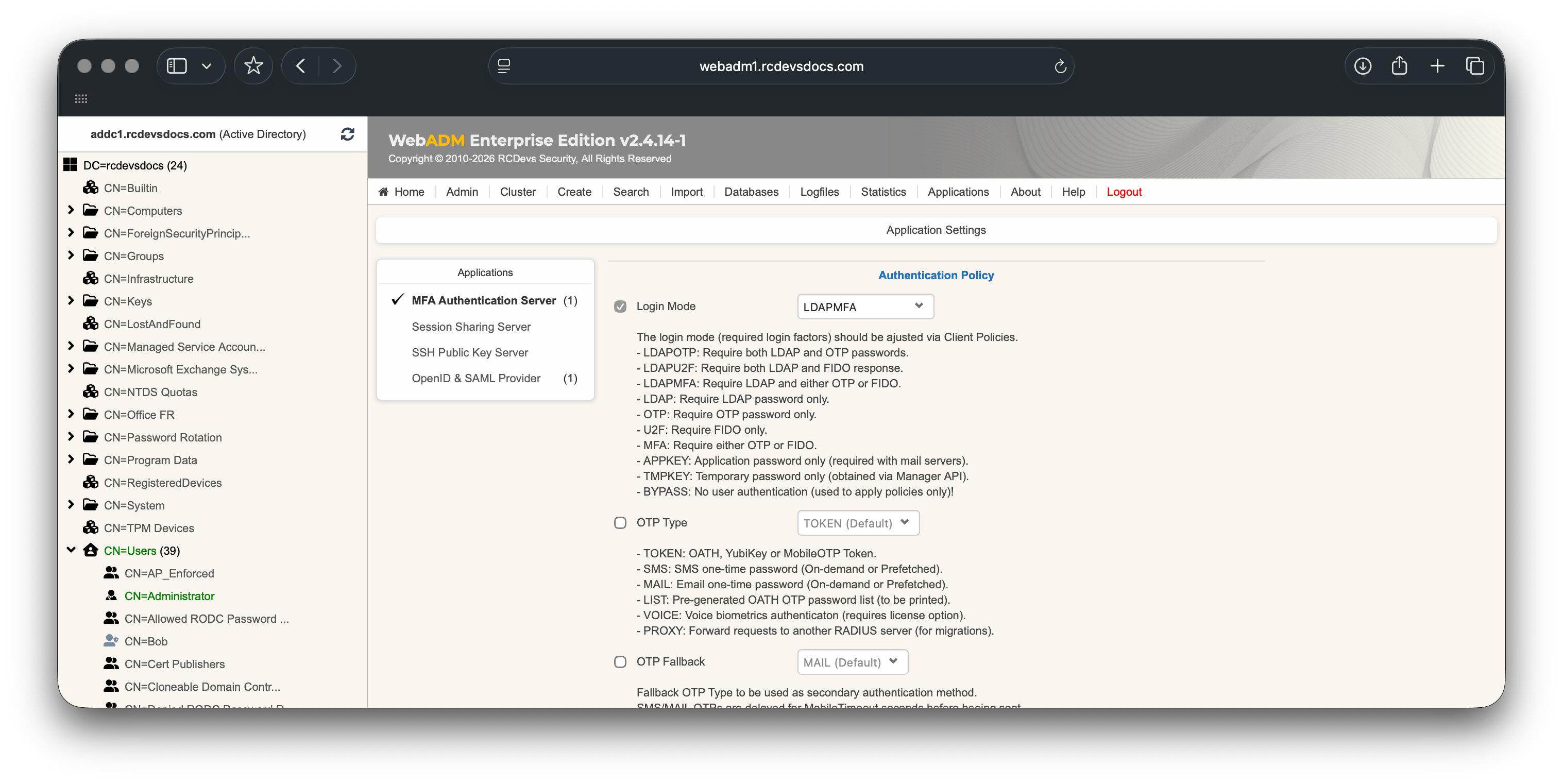 OpenOTP SP authentication settings