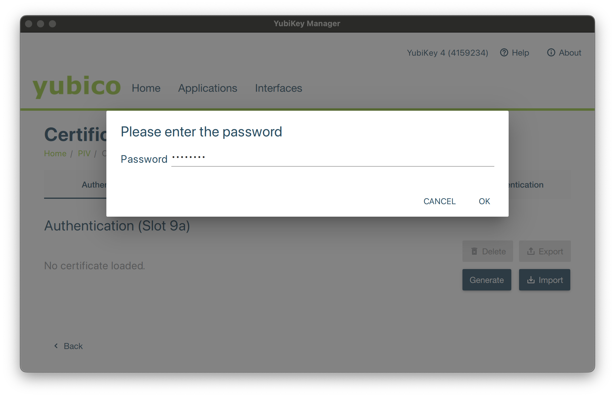 Yubikey manager p12 import Password
